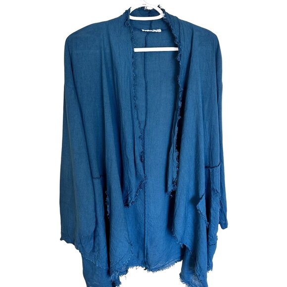 Womens Open Front Linen Cardigan Frayed Edges Italy Medium Teal Blue Lagenlook - Picture 1 of 11